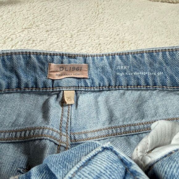 DL61 Jerry High Rise Vintage Straight Leg Feather Fringe Distressed Jeans - Picture 6 of 6